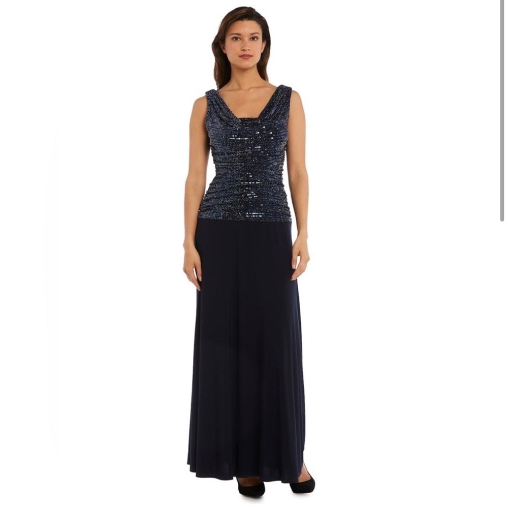R&M Richards Metallic A-Line Gown Drape Neck Sleeveless Dress NEW Sz 6 Black
